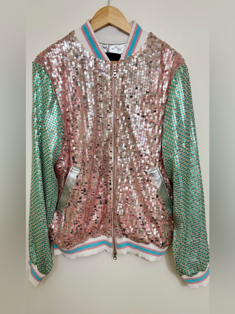 Mayer Official - Sequin Bomber Jacket in Pink and Mint